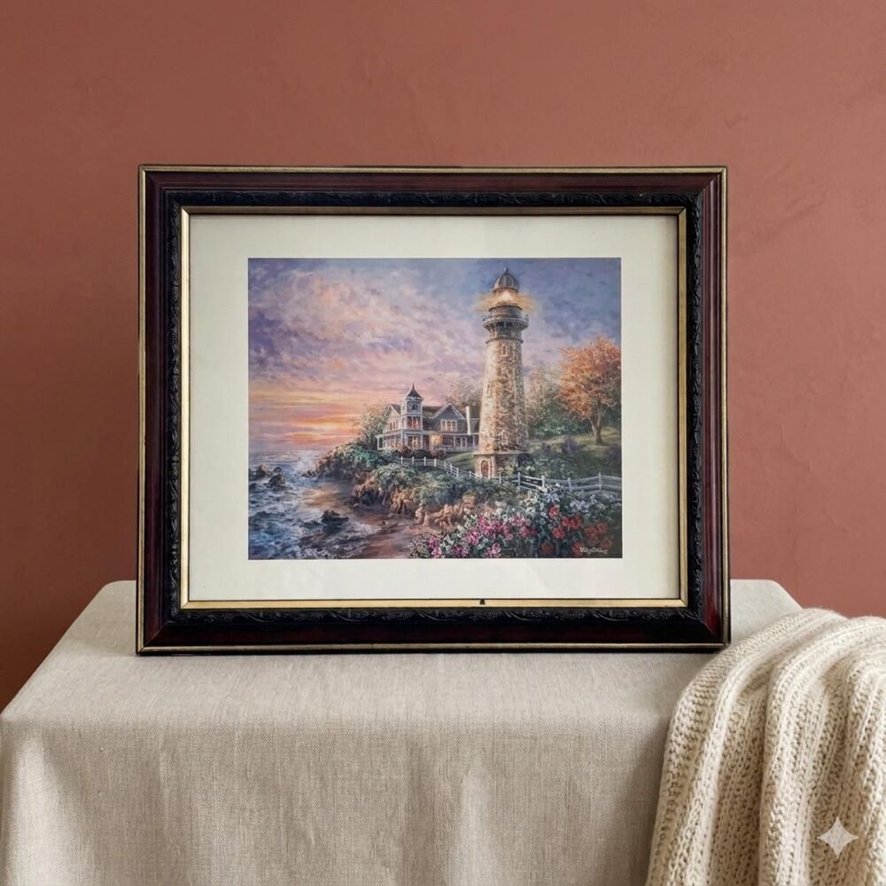 Vintage Nicky Boehme Lighthouse Haven Framed Art Print 90s Coastal Cottagecore
